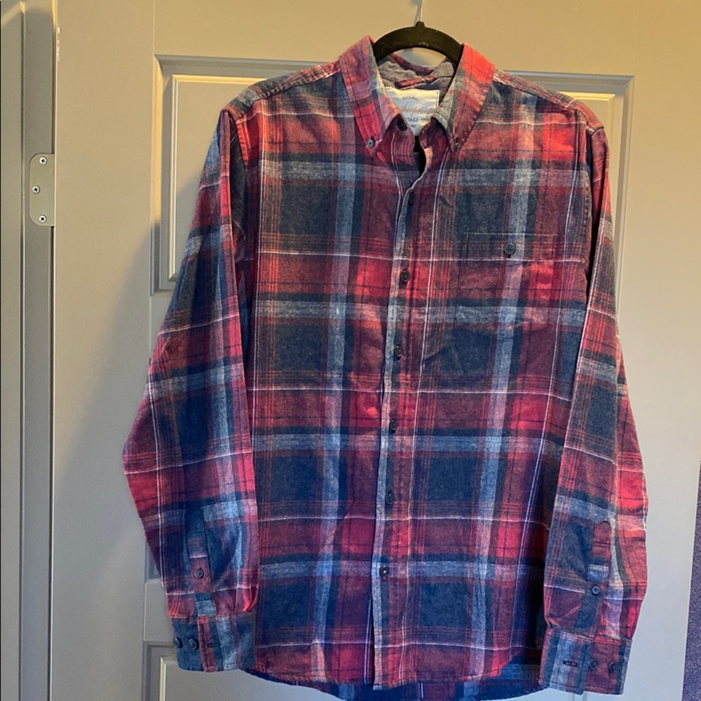 Mens Weatherproof Vintage Red and Grey Plaid Button-Down Flannel Shirt
